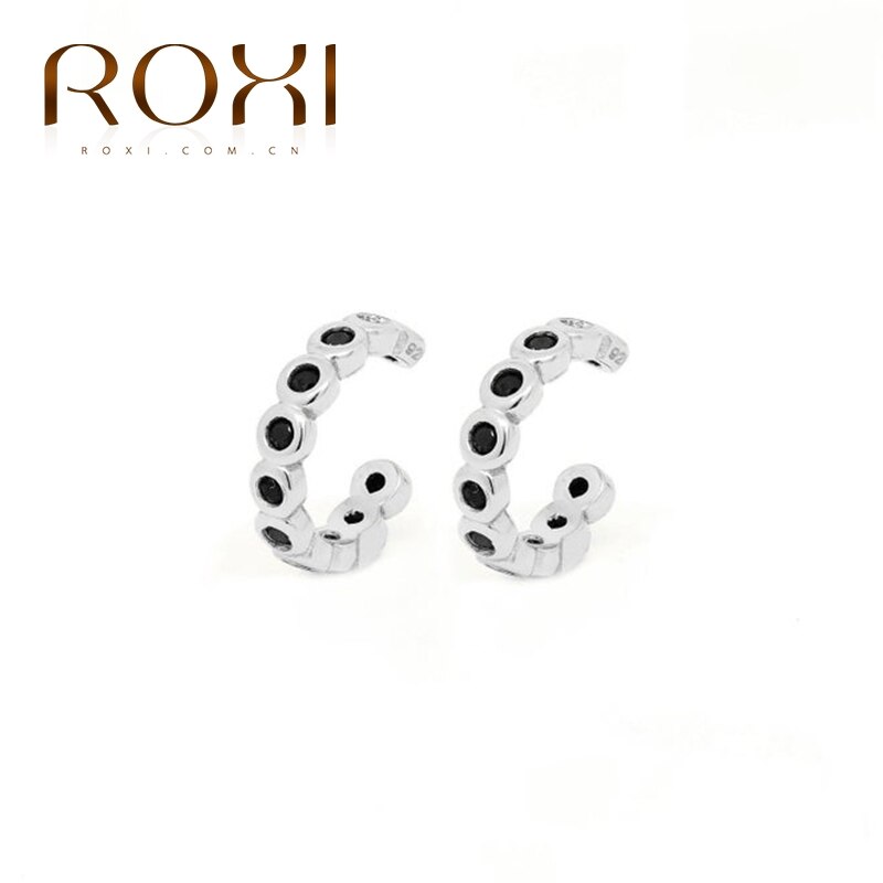 Roxi luksus rund sort zirkon kronblad snefnug klip øreringe til kvinder rund cirkel øre manchet ingen piercinger sølv 925 smykker: Et sølv