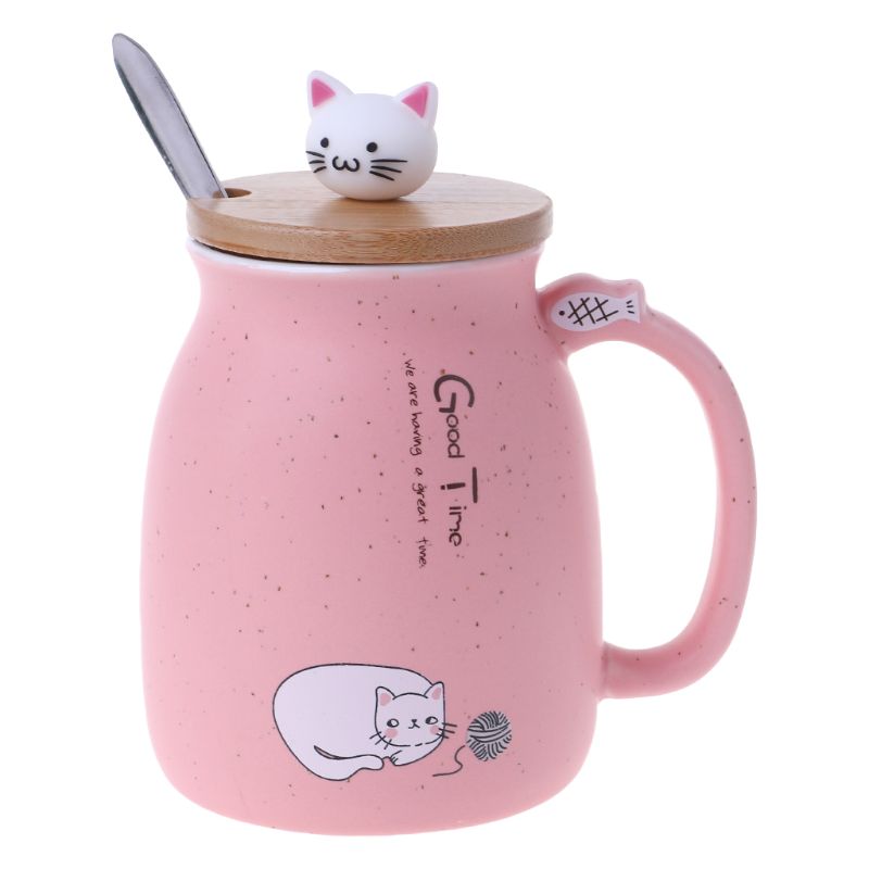 420ml Cat Ceramic Mug Heat-resistant Cup With Spoon Lid Drinkware Children Cartoon with Lid Milk Cup: Pink