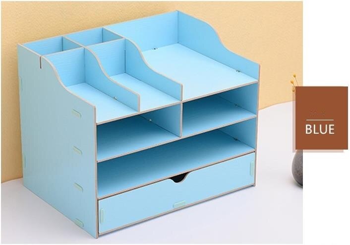 Trieur de documents de bureau en bois à 4 niveaux, support de documents A4 porte-plateau avec porte-stylo organisateur de bureau pour le bureau et la maison: BLUE