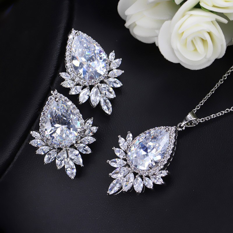 CWWZircons White Gold Color Cubic Zirconia Jewelry Big Tear CZ Ladies Necklace And Earring Set T051: white