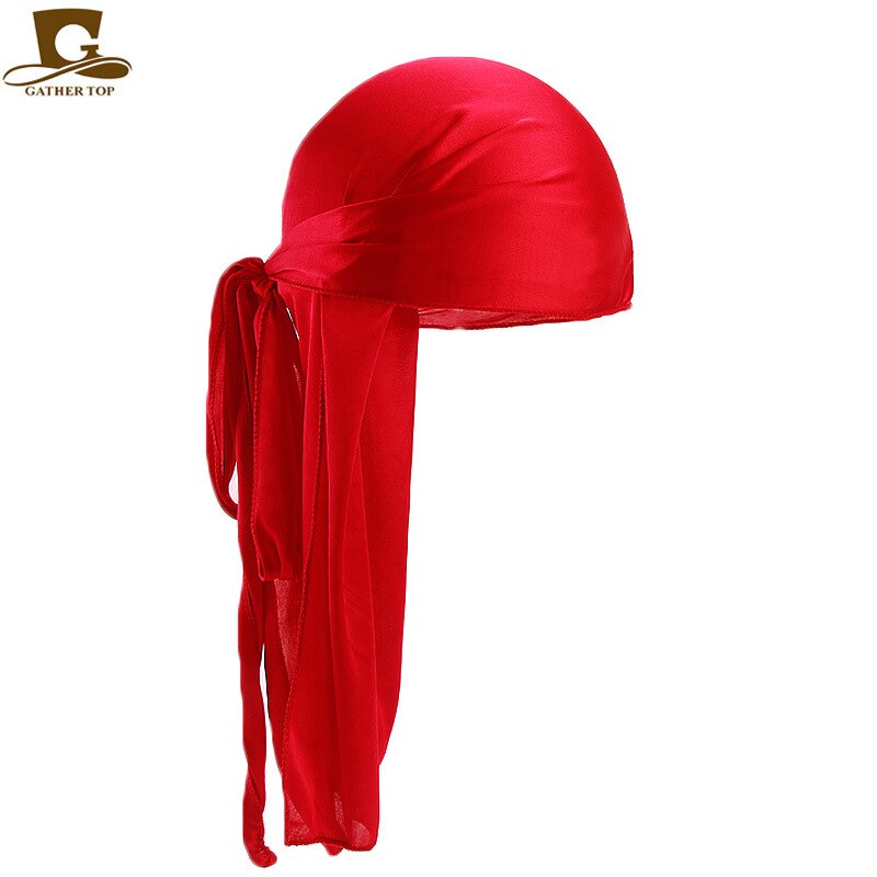 Silke stof stretched cap hip hop pirat bandanas du doo rag durag ensfarvet hat binde hale til kvinder mænd: Rød