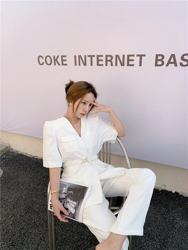 Blazer et costume bleu col en V, manches bouffantes, veste, ceinture, d'été, , bureau, blanc, vêtements à manches courtes: white with belt