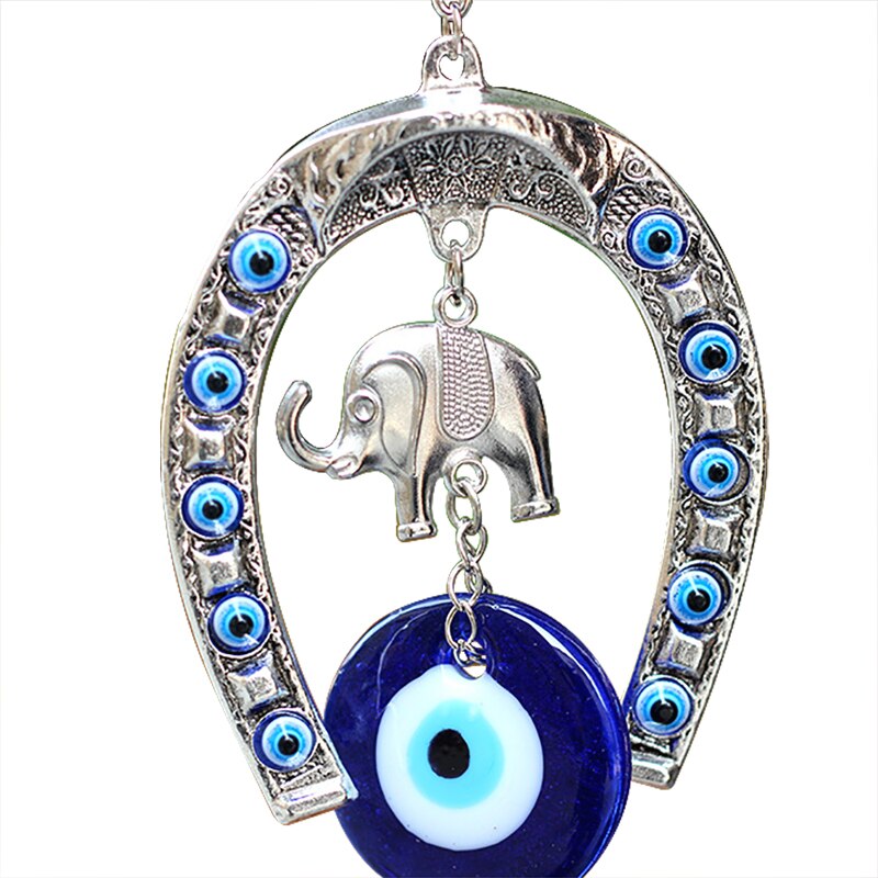 Herradura de ojo de caballo azul turco de 13x6,5 cm, amuleto colgante de pared con elefante y cinta, colgantes étnicos de la suerte, decoraciones para el hogar