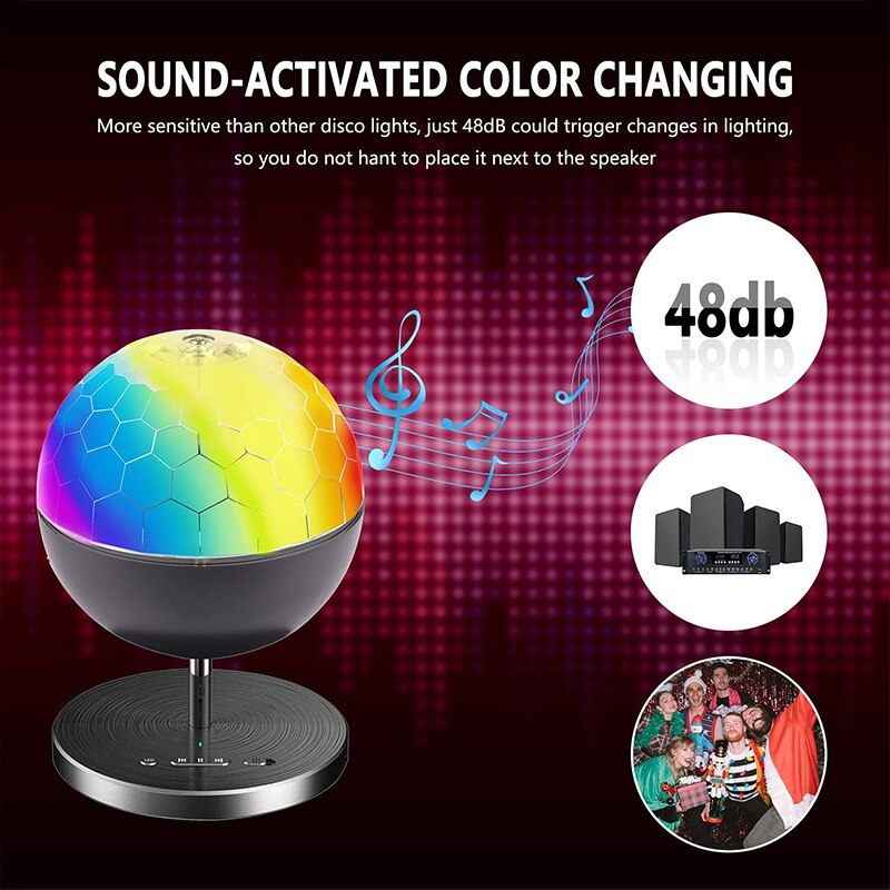 Disco Ball Party Lights with Bluetooth Speaker Portable Rotating Light Sound Activated LED Strobe Lamp