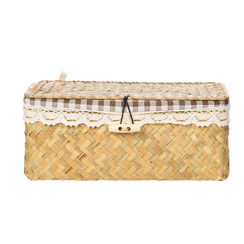 Rieten Opslag Mand Met Deksel Rotan Doos Rechthoekige Zeegras Opslag Bin Desktop Diversen Sorteren Sieraden Make-Up Organizer: nautral seagrass / M-26x16x10CM