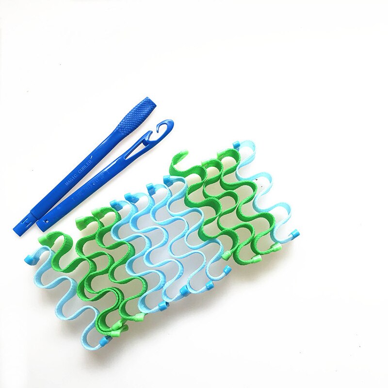 12 stk 25cm krøller spiral krøller ingen hedebølge hår krøller styling kit spiral krøller med 2 stk styling kroge: Blå og grøn