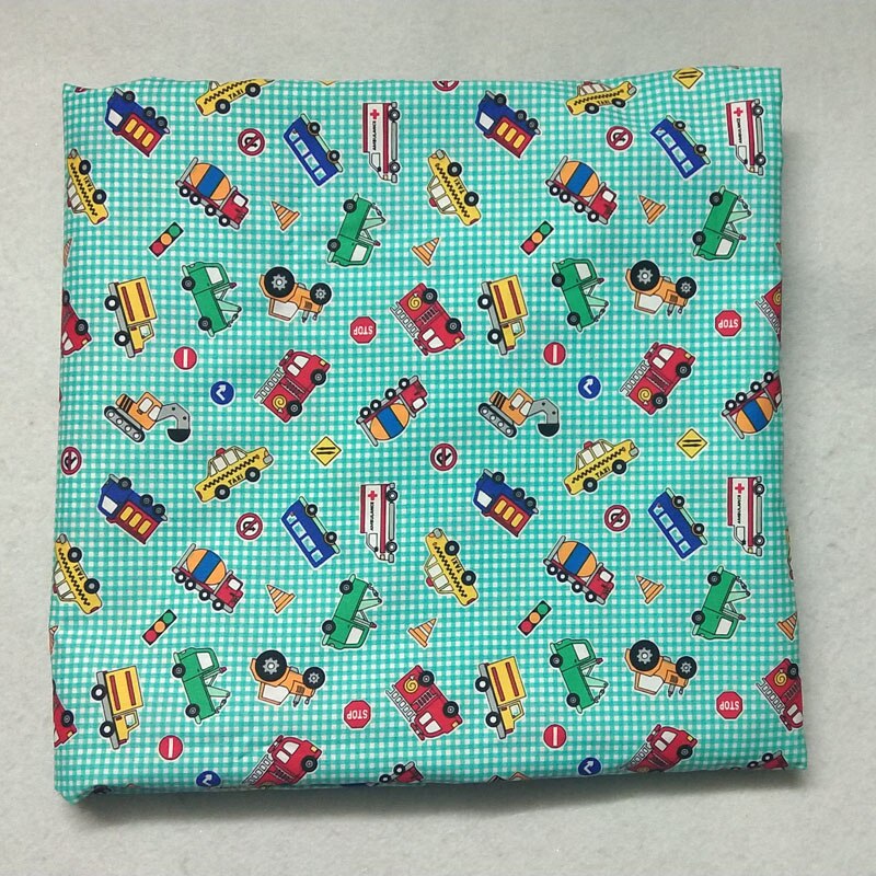 Tela de algodón con estampado de dibujos animados para coche, ornamento de paño para vestido de retazos, color verde, azul, liso, 100%