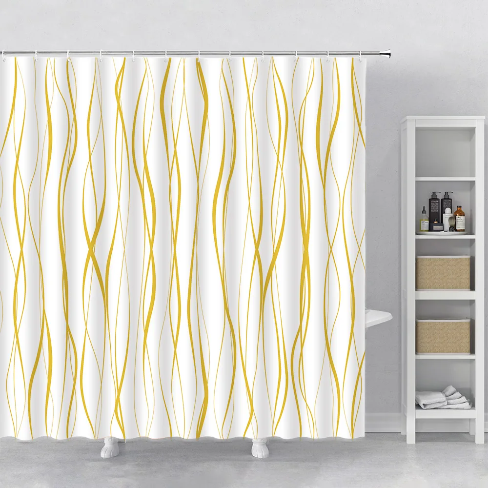 Geometrische Golvende Lijn Douchegordijn Modern Minimalistisch Interieur Polyester Stof Badgordijn Machine Wasbare Haak Voor Badkamer: Regulier / WHITE