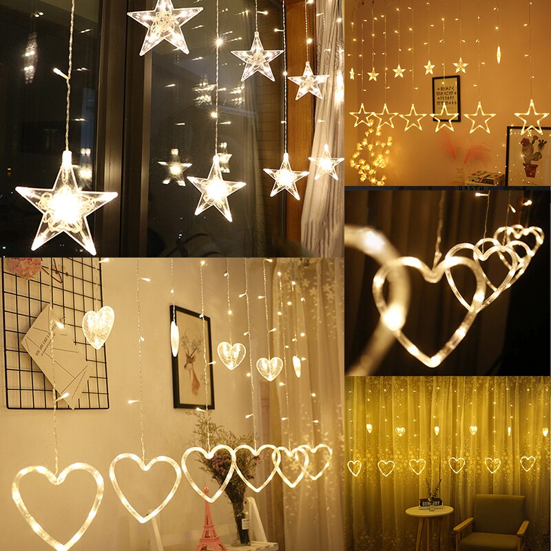 LED Twinkle Star Heart String Lights EU Plug 220V Waterproof Outdoor Christmas Fairy Garlands Curtain Lights Wedding Party Decor