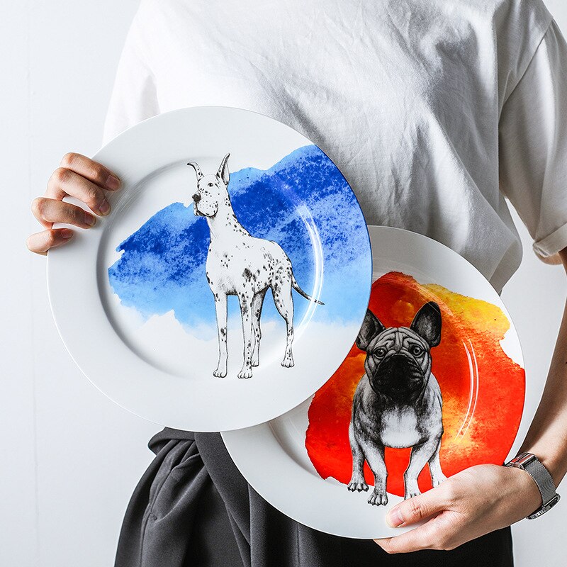 10inch Porcelain Dog Plate Bone China Dinner Dishes Cute Serving Plate Collectible Art Pupply Lover Ceramic Animal Platter