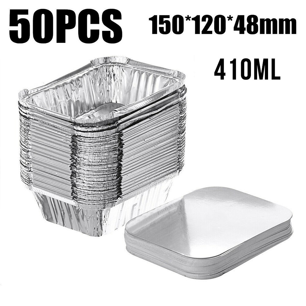 50PCS Disposable BBQ Drip Pans Aluminum Foil Trays BBQ Food Container Baking Pan With Lids Outdoor For Indirect Cooking