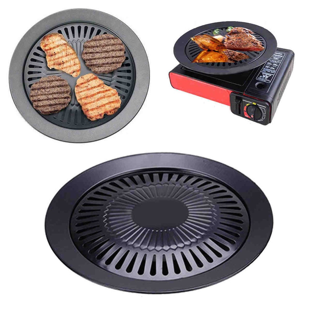 Ronde Rookloze Barbecue Bakken Pan Barbecue Grill Met Borstel Non-stick Barbecue Pan Roosteren Lade Keuken Bbq Koken Gereedschap