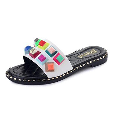 Sandalias de mujer con tachuelas coloridas sandalias con pedrería remaches elegantes Chanclas de cuero planas de Punta abierta Sandalias cómodas al aire libre: white T668 / 8