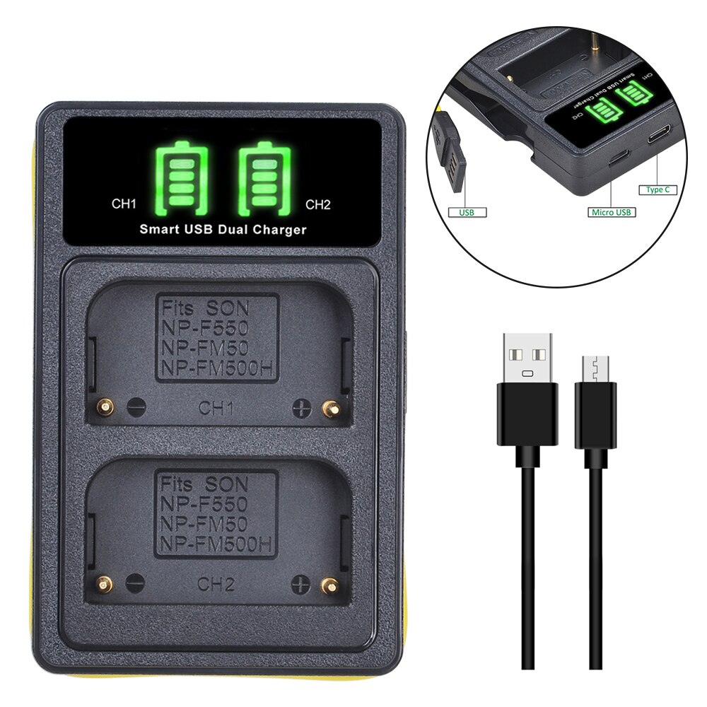 Batterie NPFM500H + double chargeur LED pour Sony Alpha a68, a77II, NP-FM500H, A58, A100, A200, A560, A580, SLT-A57, SLT-A700: charger