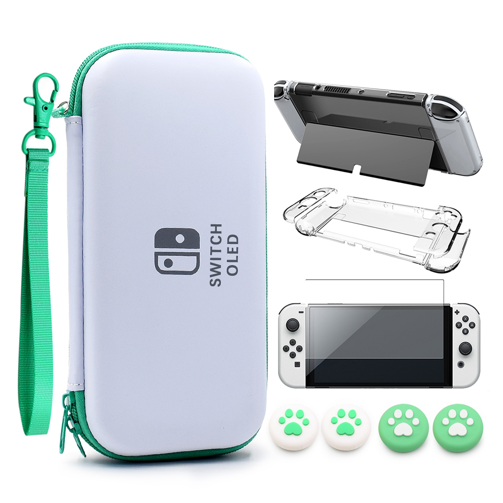 Switch OLED Storage Carry Bag Accessories Kit PC Clear Cover Case Screen Protector With Analog Grips for Nintendo Switch OLED: Green