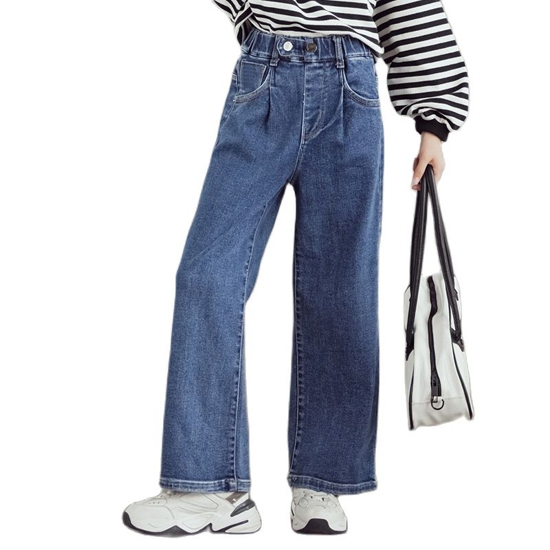Spring Autumn Loose Teenage Girls Wide Leg Jeans Solid Color Casual Trousers Kids Children Denim Pant 10 11 12 13 14 15 16years