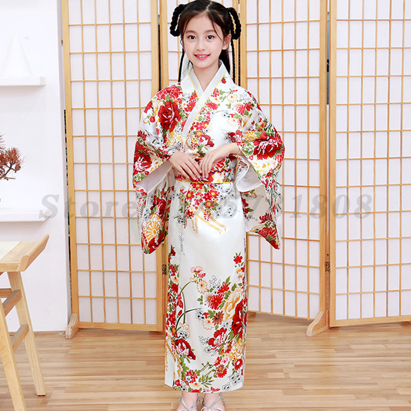 Mädchen Kind Japan Kimono Kleid Traditioneller Haori Yukata Bademantel Satin Luxus Orientalischer Bademantel mit Obi Kinder Cosplay Kleid