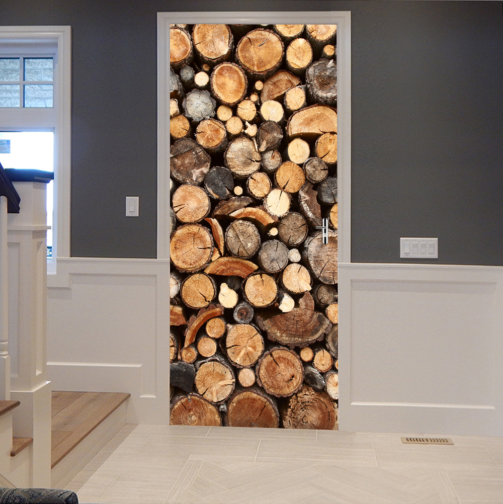 Wood Stack Vinyl Door Stickers Home Decoration for Kitchen Toilet Outdoor Diy Wall Stickers Peel &amp; Stick Art Wallpaper