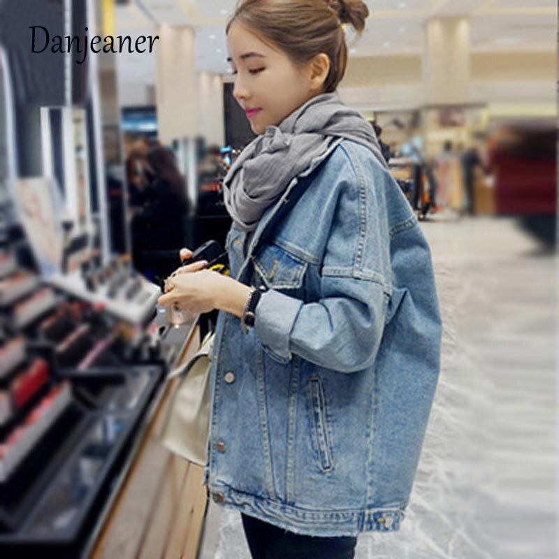 Danjeaner BF Wind Loose Large Size Denim Jacket Female Turn Down Collar Coat Casual Jean Jackets Frayed Pattern Basic Coat