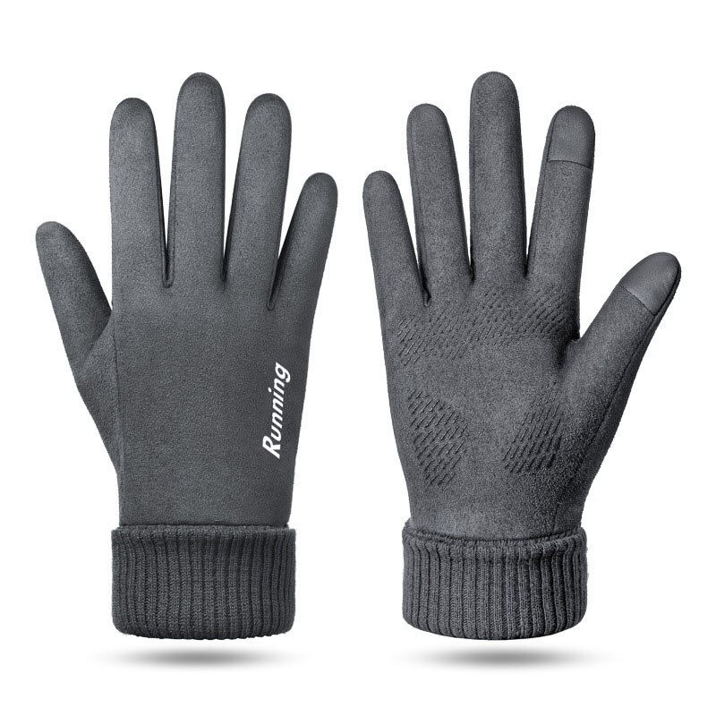 Autumn Winter Suede Plus Velvet Warm Sports Riding Gloves All Refer To Mens Non-Slip Touch Screen Driving Gloves: Gray