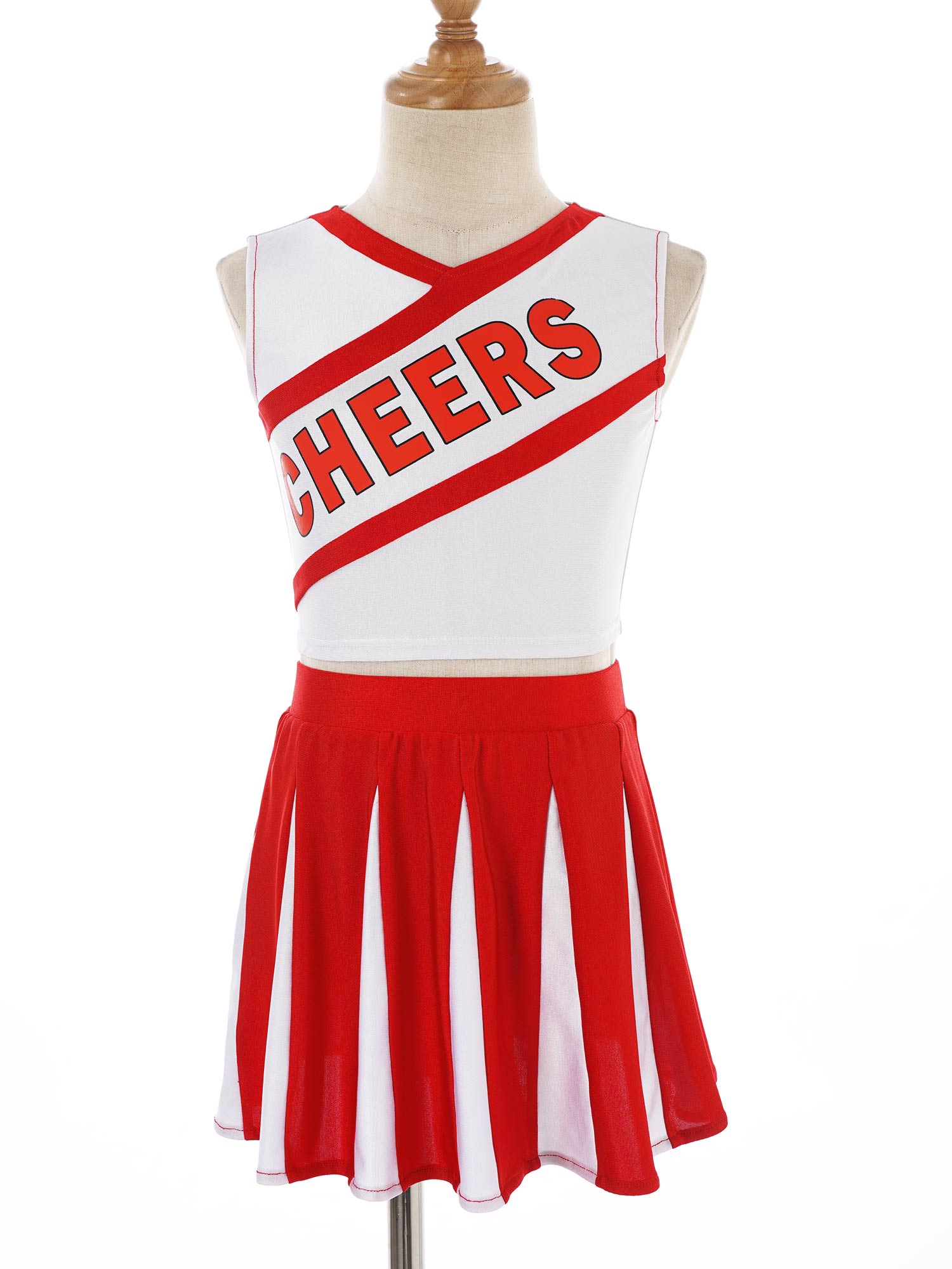 Kids Girls Cheerleading Clothes Set Dance Costume School Uniform V Neck Sleeveless Cheers Print Vest and Pleated Skirt Outfit