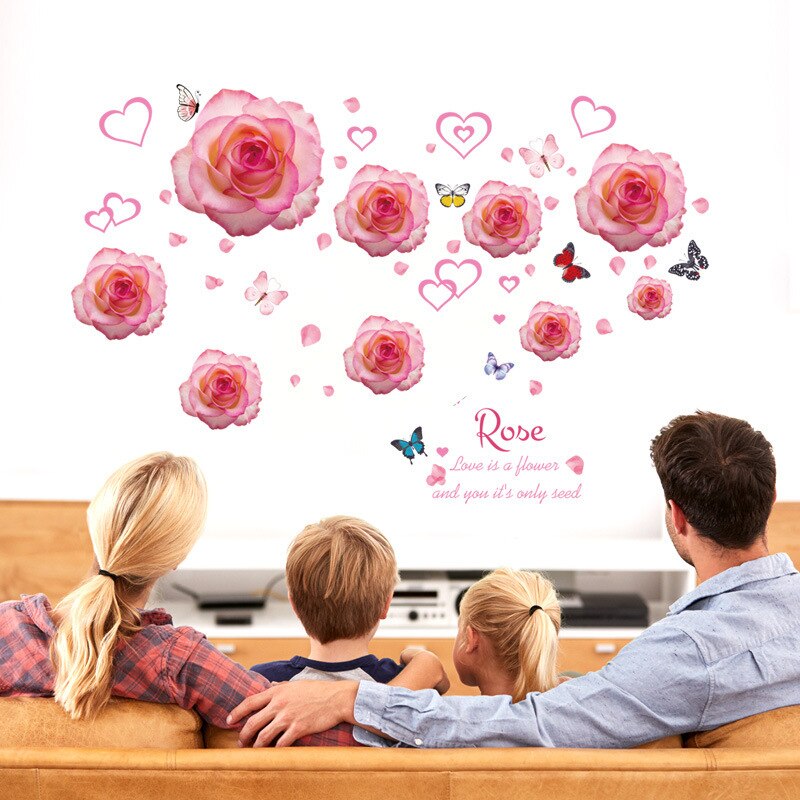 Pink Rose Wall Decals for Bedroom Living Room Cabinet Decoration Wallpaper Mural DIY Self-adhesive PVC Wall Stickers Flowers