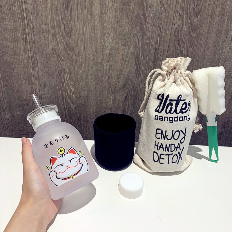 500ml chat chanceux bouteille en plastique sans BPA dessin animé Transparent/givré bouteilles d'eau étanche Drinkware mignon étudiant tasse: 4