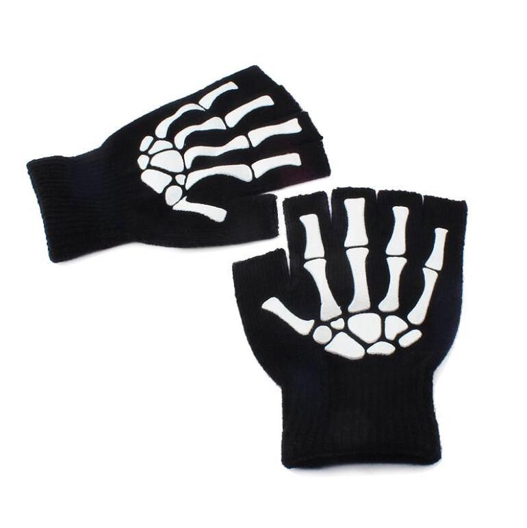 Guanti mezze dita con teschio scheletro fluorescente con stampa punk di Halloween unisex incandescenza in il buio guanti invernali lavorati a maglia senza dita