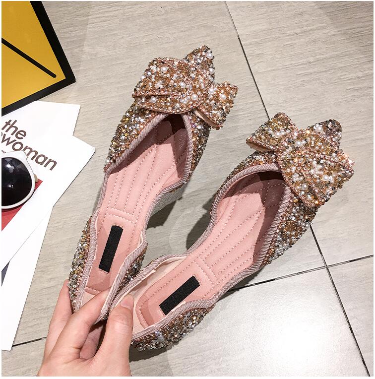 SLHJC-sandales plates en perles à bout pointu pour femme, sandales printemps-été, sans lacet décontracté, talon plat pailleté, mocassins peu profonds: Pink / 5