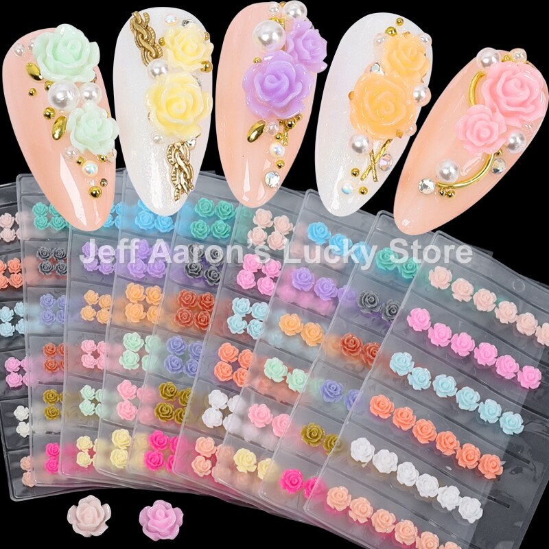 Blandet stil negler harpiks rose blomster cabochons cameo baseinnstilling 6mm 3d turkise rose blomster neglekunst dekorasjon tilbehør