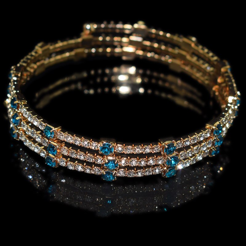 6-color Crystal Bracelet Blue, Red, White Three-row Stretch Bracelet Bride Wedding Rhinestone Bracelet Party Jewelry: gold-lake blue