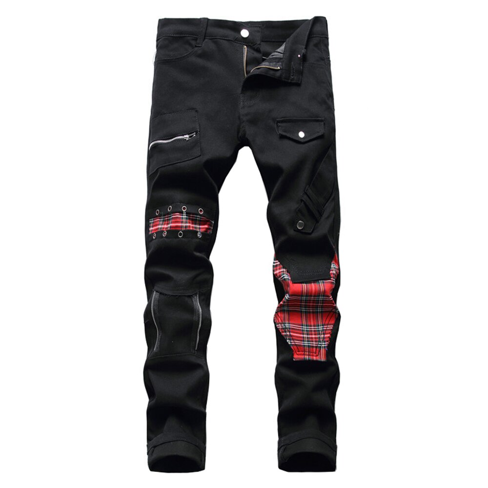 Men's Tartan Scotch Plaids Patchwork Black Denim Jeans Trendy Punk Rock Rivet Pants Slim Straigh Trousers