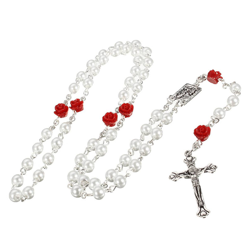 5 stili moda cattolica vergine maria gesù piccola dimensione rotonda perla accessori gioielli catena croce pendente rosario perline collana: Style 2-white