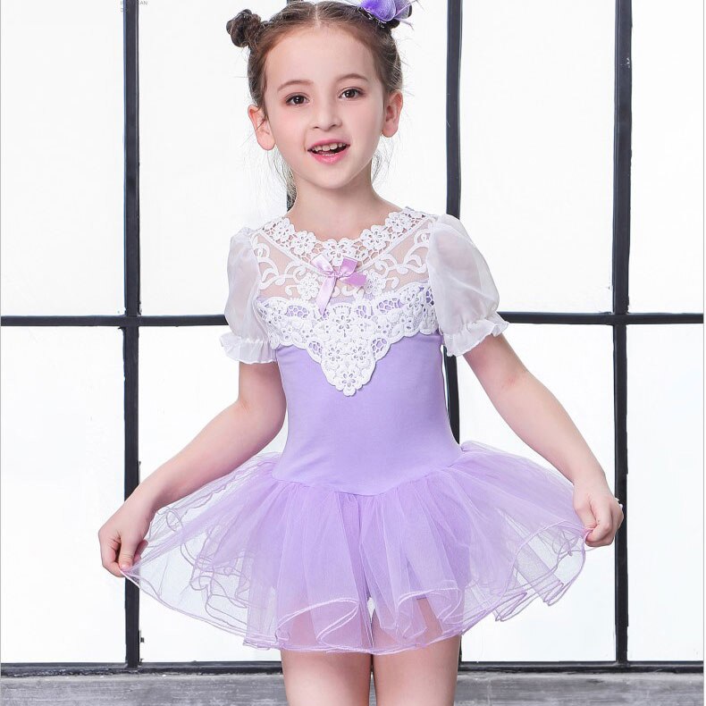 Ballet trikot ballet kjole piger ballet kostumer puf kortærmet ballet kjole til børn blonde trikot gymnastik trikot: Lavendel / Xl