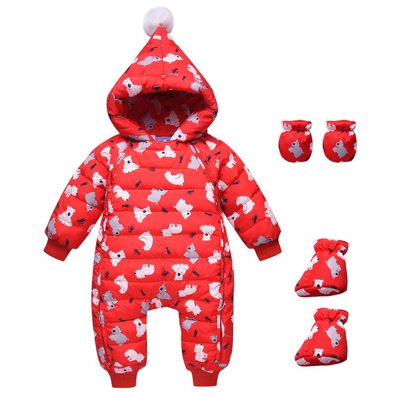 Baby Winter Clothes Girl Boys Romper Warm Snow Wear Infant Baby Overalls Long Sleeve Hooded Outerwear White Duck Down Snowsuit: Red / 6M