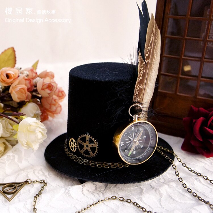 Steampunk hat feathers top hat hairpin mechanical gear clock hat hair clip retro lolita Cos