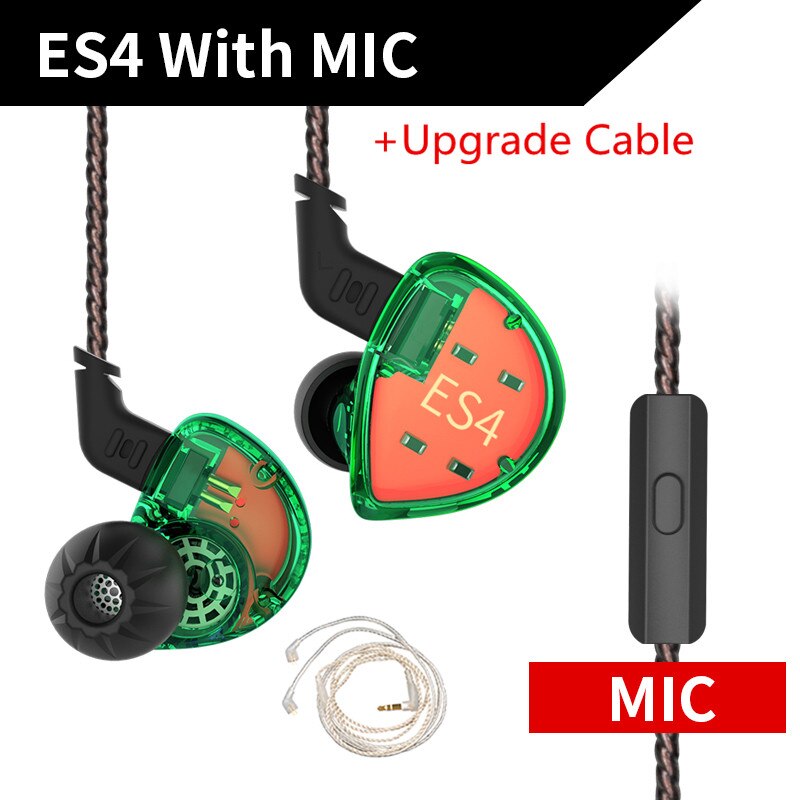 KZ ES4 1BA+1DD Hybrid In-ear Earphone Hifi Dynamic Driver Noise Cancelling Headset Replacement Cable AS10 ZSX ZSX ZST ES3 ZSN: green with mic silv