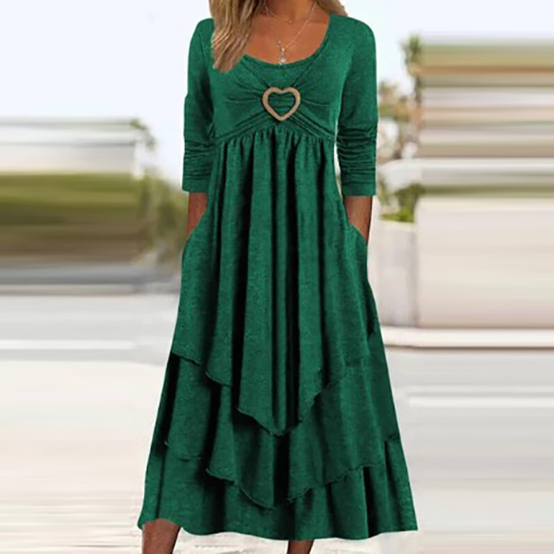 Office Women Patchwork Pockets Midi Dress Round Neck Basic Solid Long Sleeve Dress Lady Casual Summer Ruffles Club Dress: 3XL / green