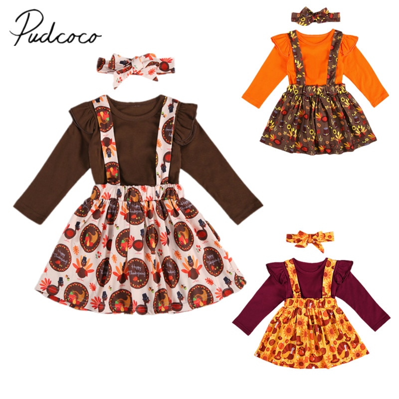 Thanksgiving Peuter Baby Meisjes 3 Stuks Rokken Outfits, Lange Mouwen Top + Jarretel Gedrukt Rok + Hoofdband