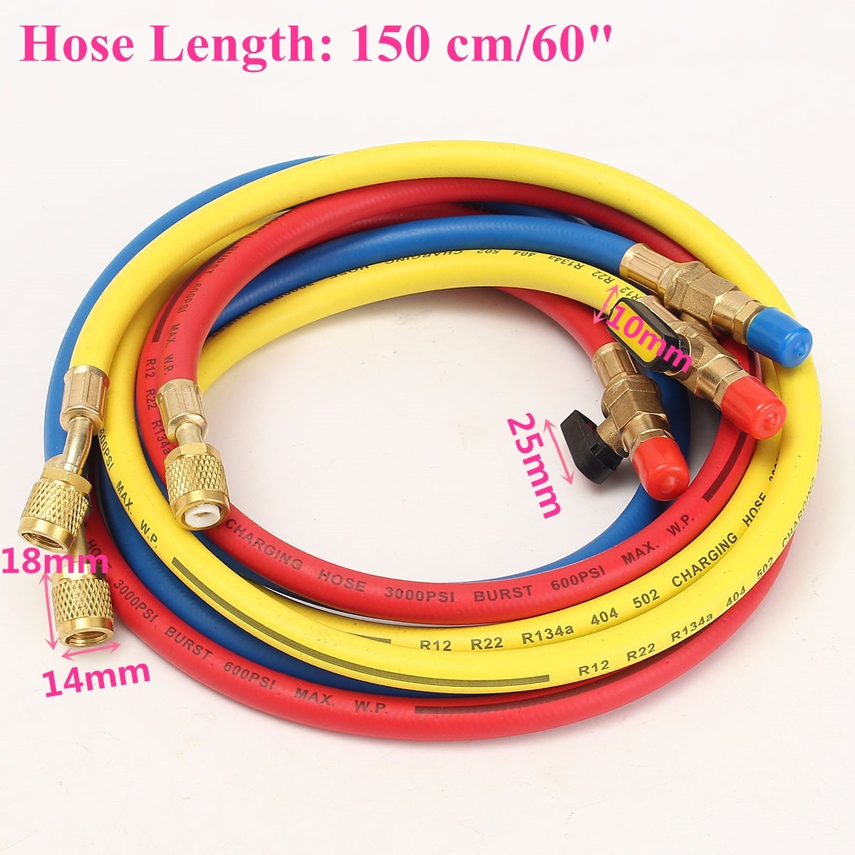 Car AC Refrigerant R134a Charging Hose HVAC 600PSI 60" 1/4" SAE W/Shut Valve Car Air Condition Charging Hose for R12 R410a R134a