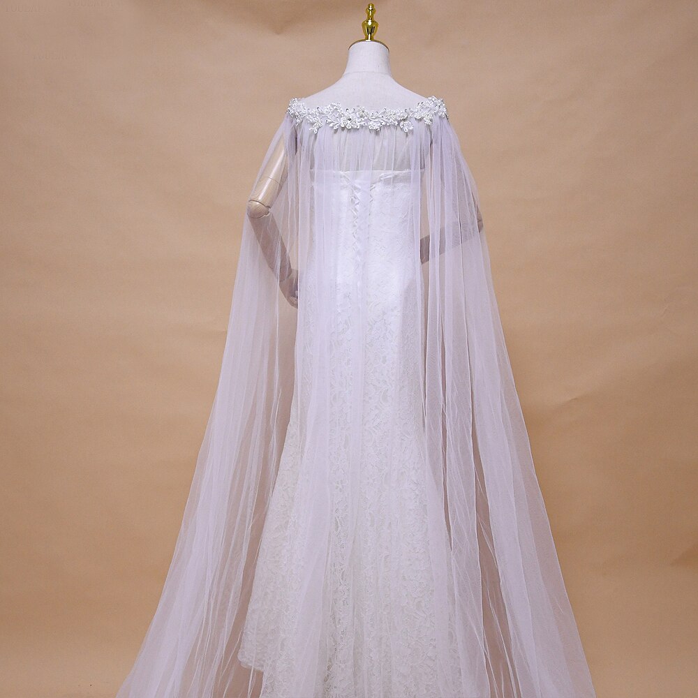 ZMG26 Women's Long Capes for Wedding Pearl Embellishment Chiffon White Bridal Shawls Wraps for Formal Party bolero for girls