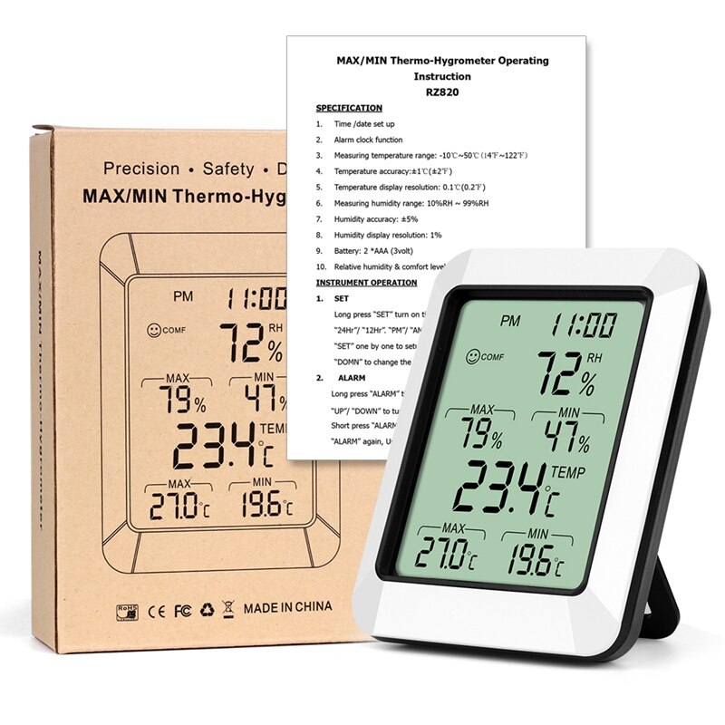 Grote Lcd Digitale Thermometer Hygrometer Wekker Max/Min Thermo-Hygrometer Thuiskantoor Indoor Temperatuur Vochtigheid Monitor