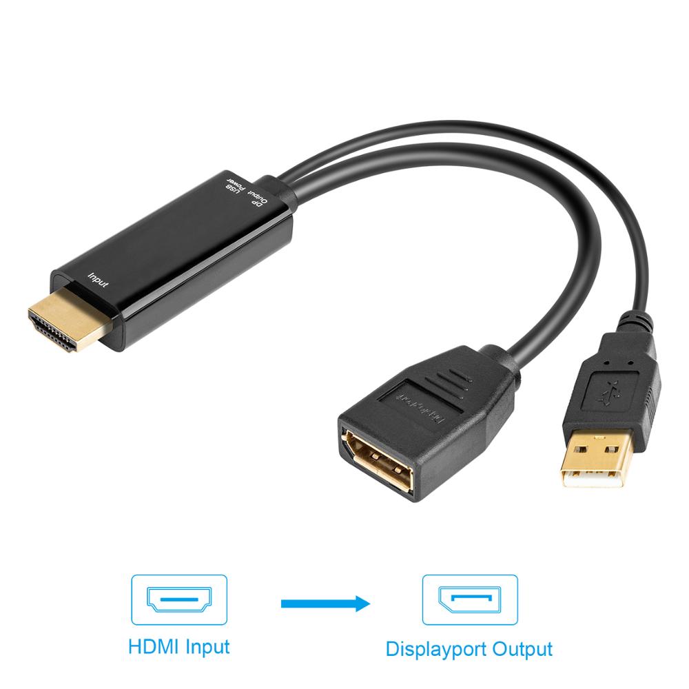 HDMI to DisplayPort Adapter Cable - 4K UHD 3840x2160 - 15cm - USB 2.0 Power - for PC Monitor TV Projector