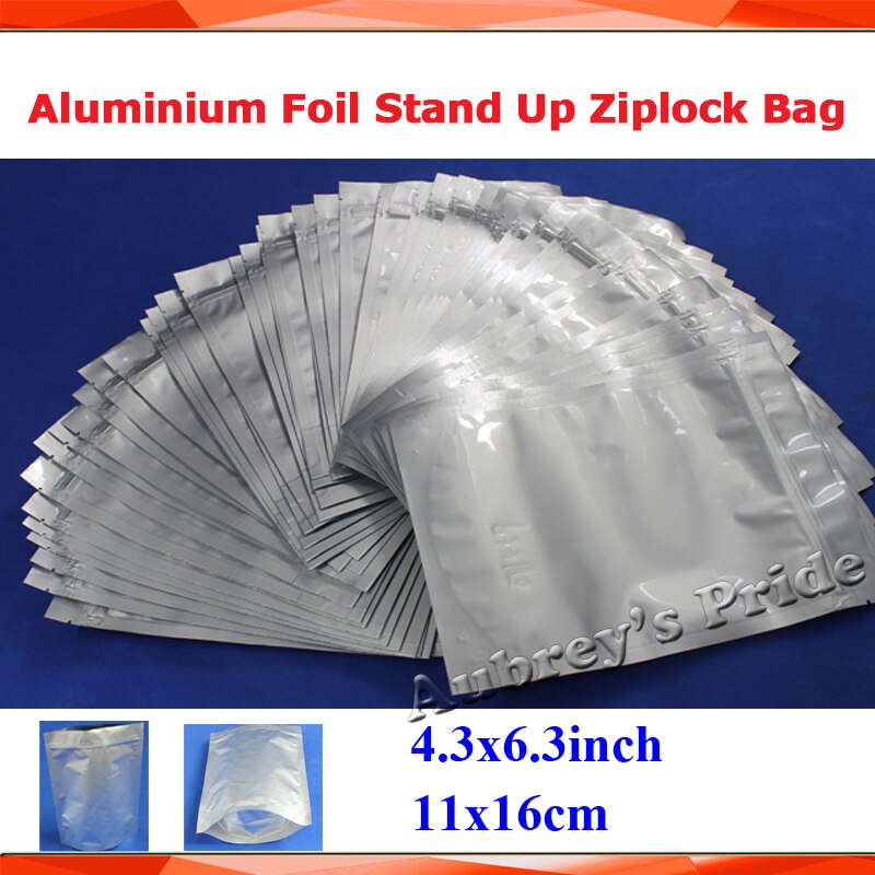 100 STKS 4.3 "x 6.3" (11x16 cm + 3 CM) Afscherming Rits Tas Zilver Aluminiumfolie Stand Up Zip lock Bag