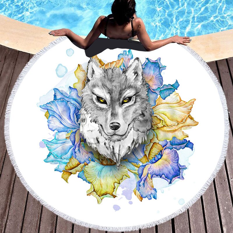Loup coloré imprimé rond serviettes de plage pour les femmes 150cm glands pique-nique couverture microfibre grande serviette de bain pour adultes