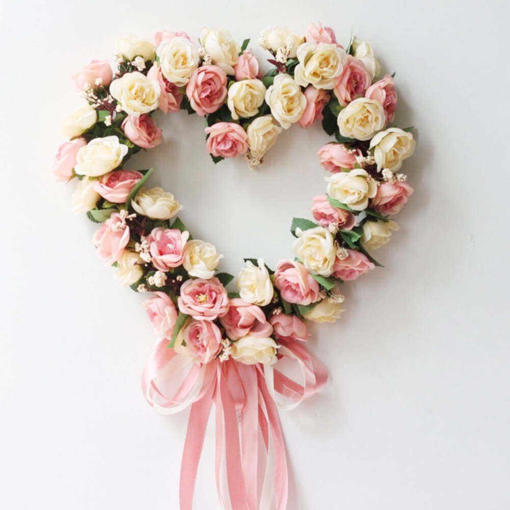 Artificial Silk Wreath Heart Shape Wall Decorative Flower Door Wreath For Proposal Wedding Valentines Day Hanging Garlands