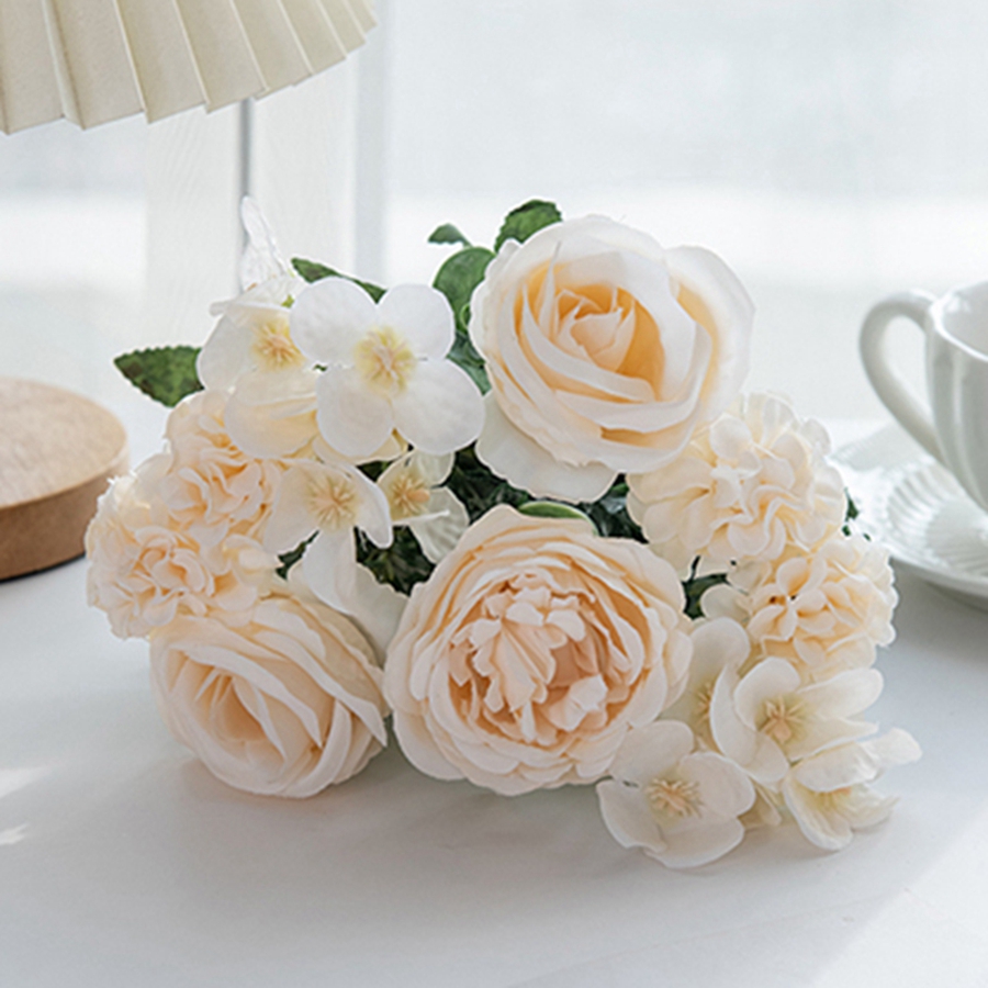 Artificial Flowers 7 Fork Silk Rose Peony Hydrangea Festival Wreath Decor Wedding Wreath Home Room Table DIY Craft Accessories: M / WHITE