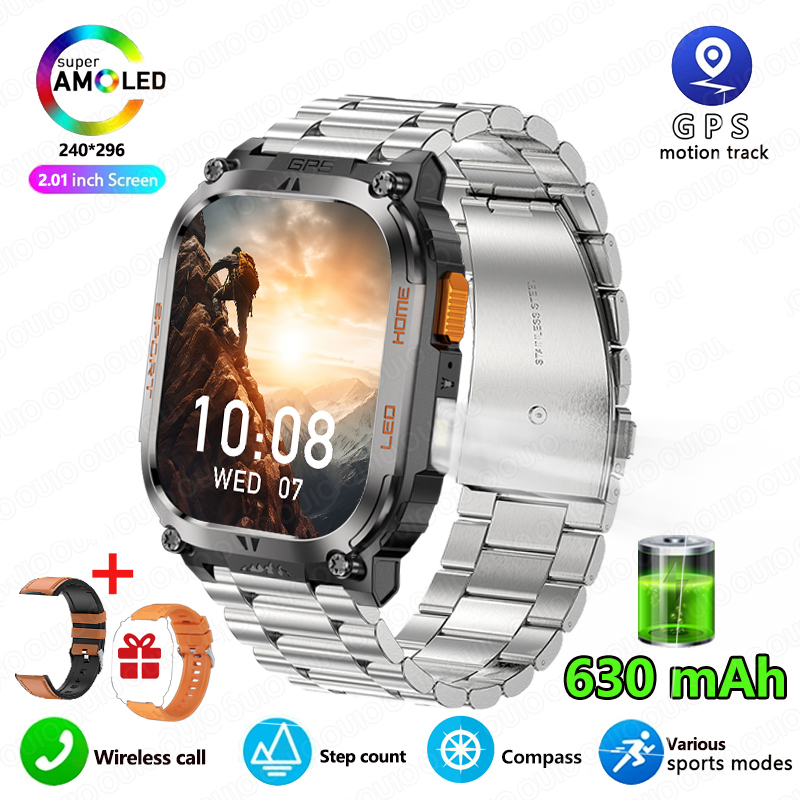 Smartwatch z wbudowanym GPS, wodoodporny IP68, bateria 630 mAh, kompas, barometryczny wysokościomierz, odtwarzanie muzyki Bluetooth, sterowanie głosowe AI, połączenia BT.: Ciemnoniebieski