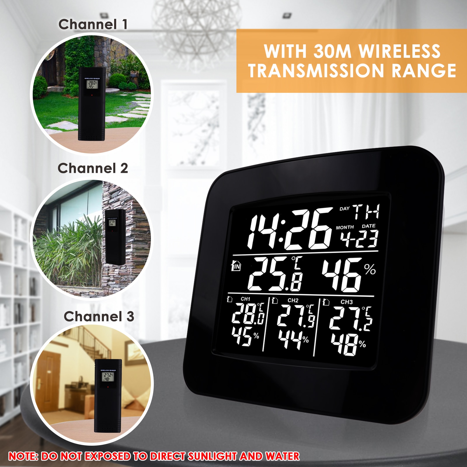 Digital Wireless Weather Station Indoor Outdoor Temperature &amp; Humidity Measurement with 3 Sensors, °C/°F Black LED Light Display