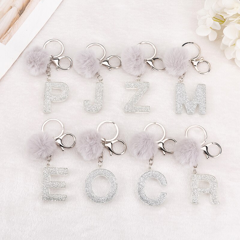 1 PC Sleutelhanger Zilver Kleur Engels Brief Sleutelhanger met Puffer Bal 26 Engels woord Glitter Hars A TOT Q Handtas bedels voor Vrouw
